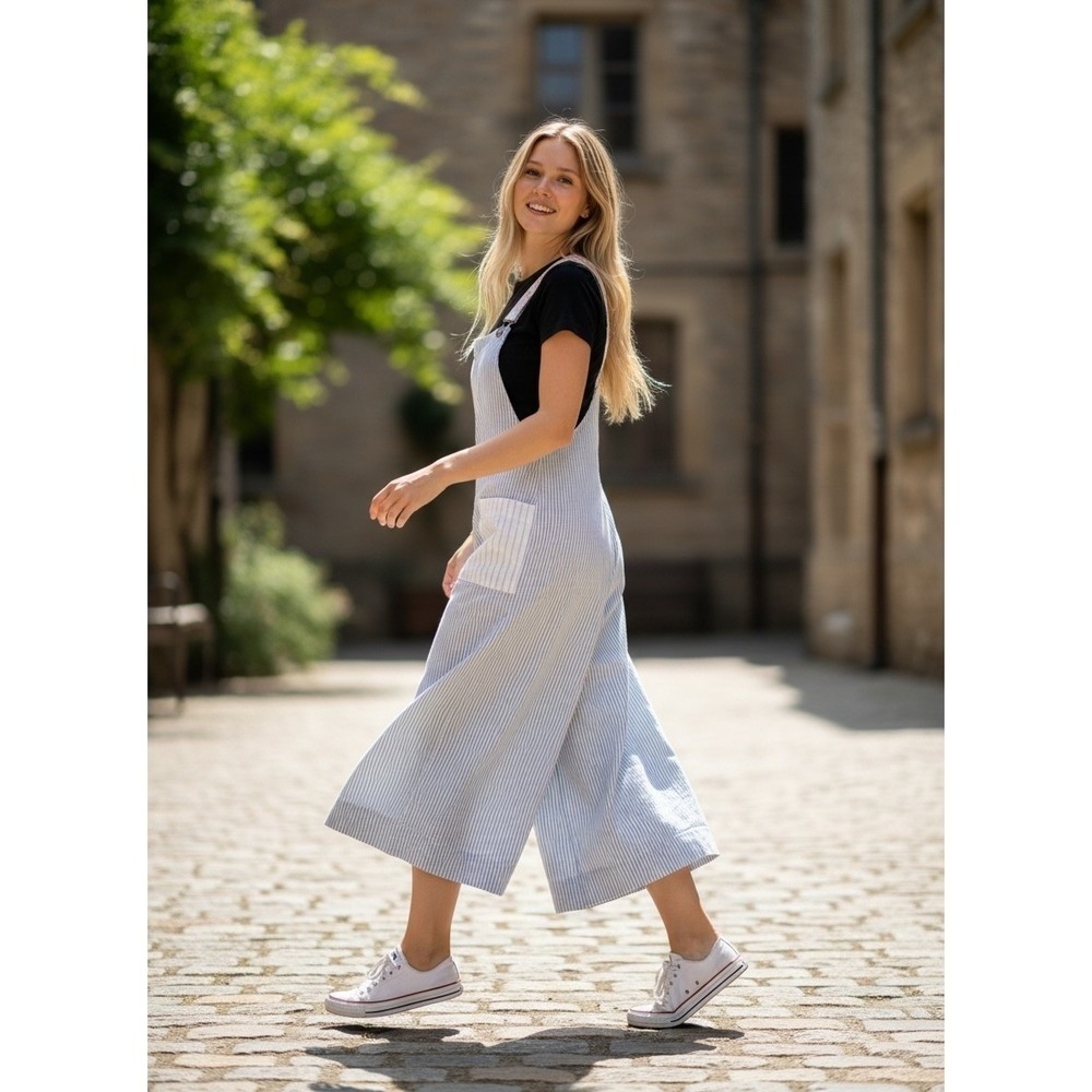 Madewell x The New Denim Project Striped Wide Leg Overalls Blue White XXS - Picture 10 of 10